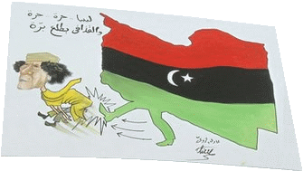 Karikatur: Muammar Al Gadhafi erhält einen Fußtritt von dem libyschen Volk, symbolisiert durch die alte libysche Flagge, die von Gaddhafi bei seinem Amtsantritt 1969 abgeschafft wurde - von http://www.bbc.co.uk/news/world-middle-east-12550719